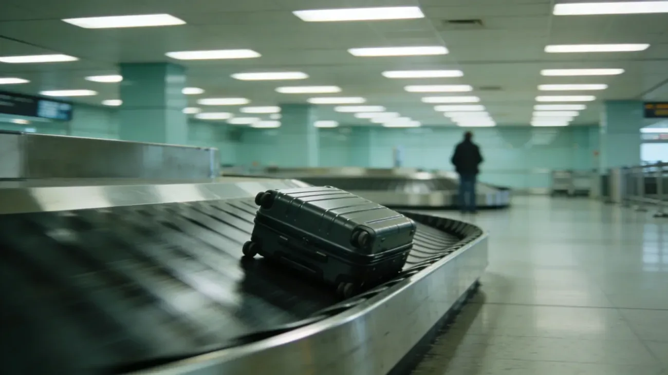 Frustrated traveler at an empty baggage carousel holding a phone showing a map with a location pin, airport terminal background, documentary travel photography style