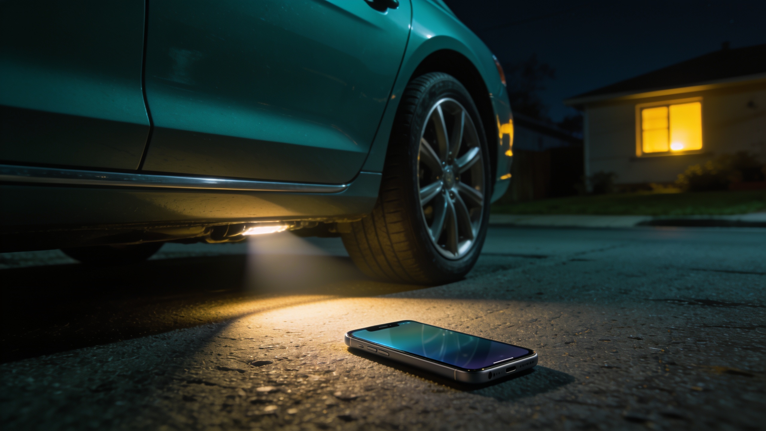 A parked car at night with a flashlight beam checking under its side