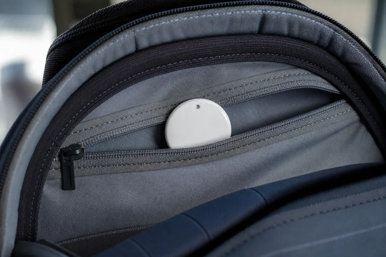 Acercamiento a un AirTag guardado en el bolsillo interior de una mochila escolar