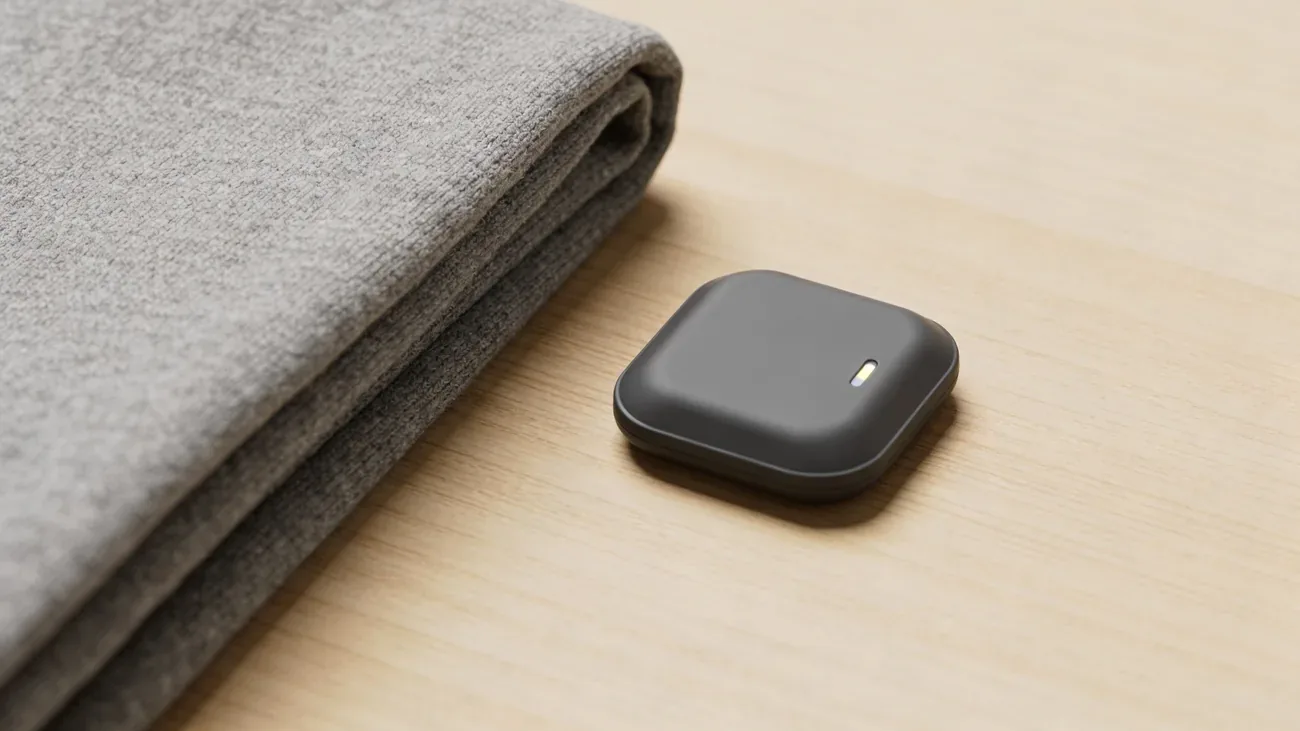 Bluetooth tracker วางอยู่ข้างๆ กุญแจทองเหลืองและกระเป๋าสตางค์หนังบนพื้นไม้เก่า