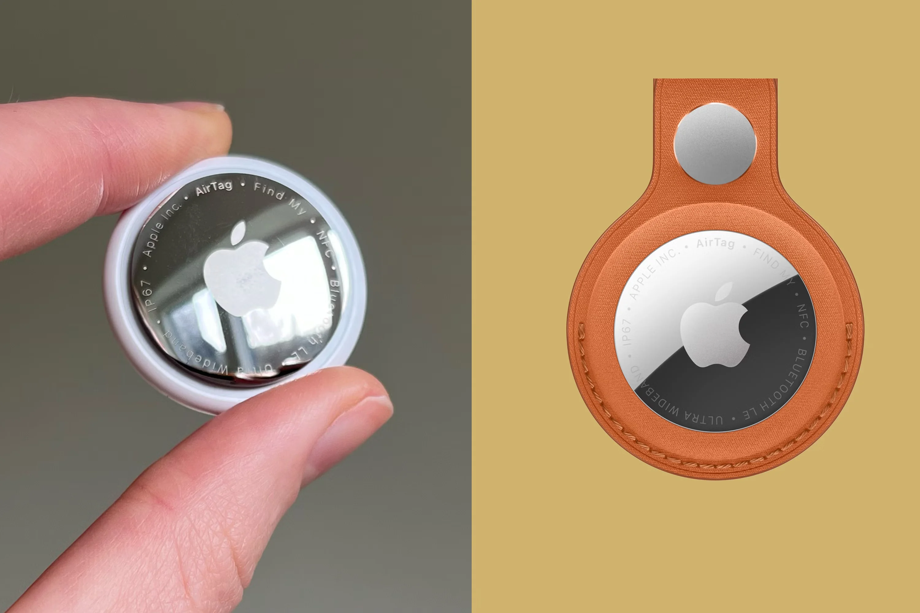 An Apple AirTag shown in a holder for use on keys.