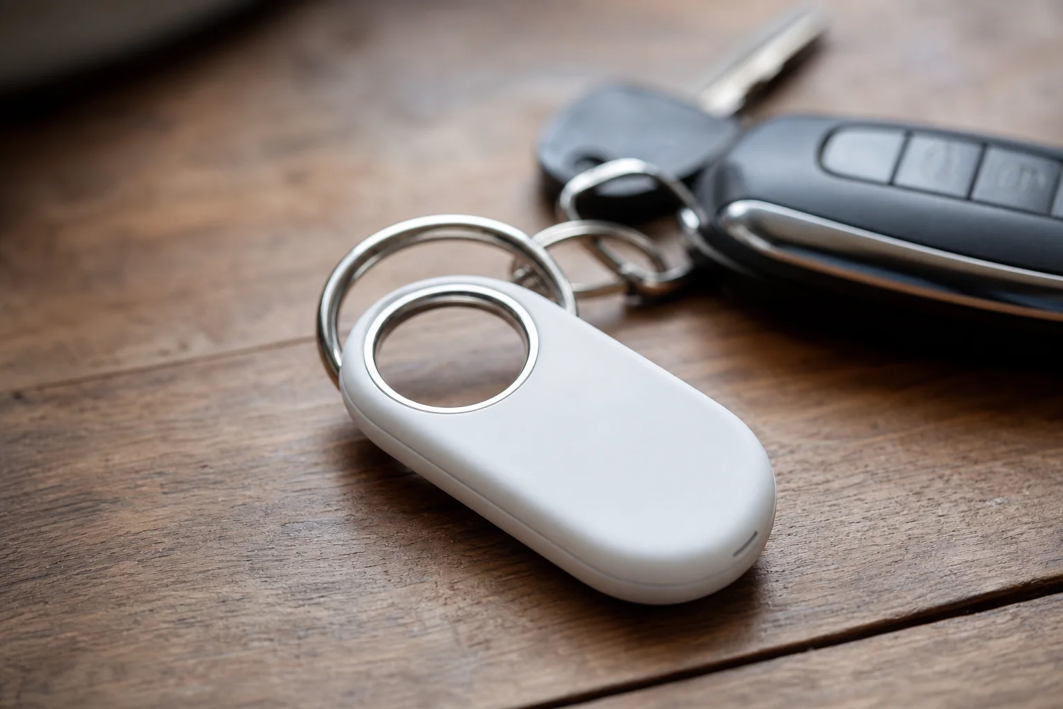 A Samsung Galaxy SmartTag2 with its integrated keyring loop.