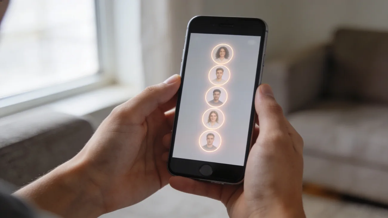 Tela de iPhone mostrando o app Buscar com lista de membros familiares, alguém tocando para selecionar um nome, mãos jovens segurando o aparelho em ambiente claro