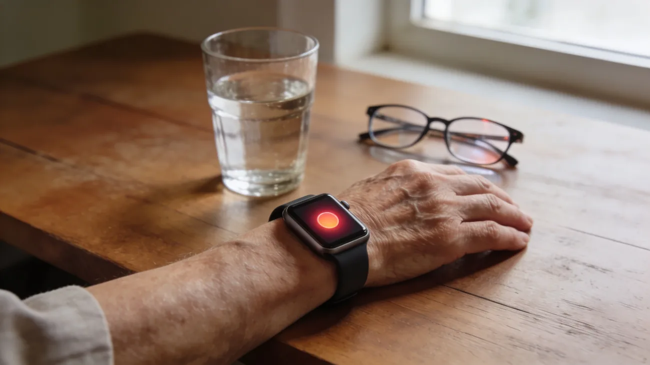 Mão de idoso usando Apple Watch em close, tela do relógio mostrando ícone abstrato de telefone com botão de emergência destacado, ambiente residencial com luz suave