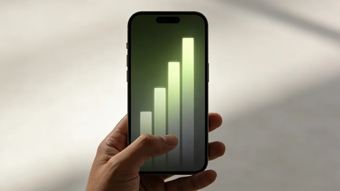 Mão segurando celular com indicador de bateria em destaque na tela, configurações de uso da bateria por aplicativo visíveis abstratamente, ambiente caseiro com luz suave