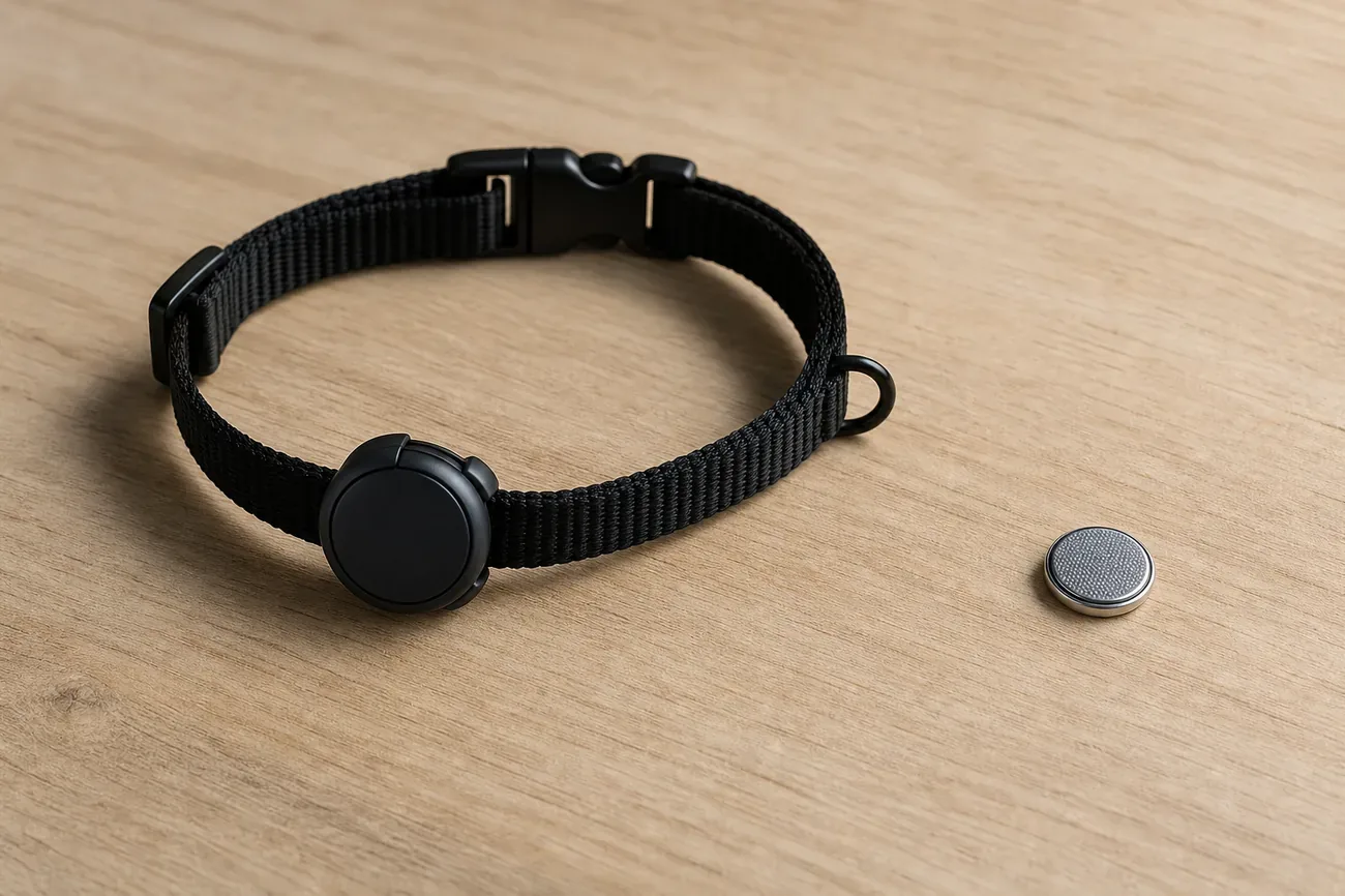 Top-down flat-lay of a black breakaway cat collar with a small Bluetooth tracker and a CR2032 coin cell battery for scale on a light wooden surface