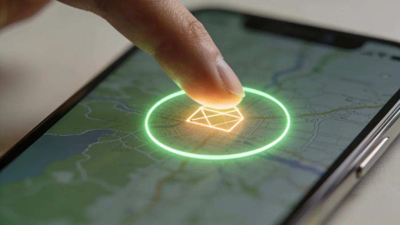 Tela de celular com aplicativo de atalhos ou Family Link aberto mostrando configuração de área geográfica com círculo desenhado sobre um mapa de cidade brasileira