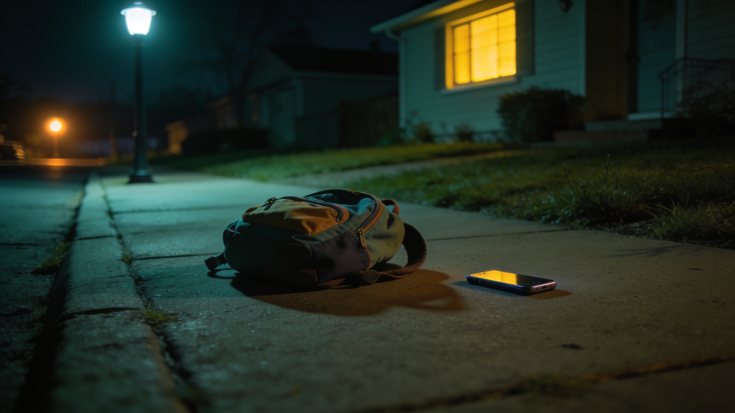 A child's backpack and phone on a night sidewalk lit by a streetlamp, a warm window glowing in the distance