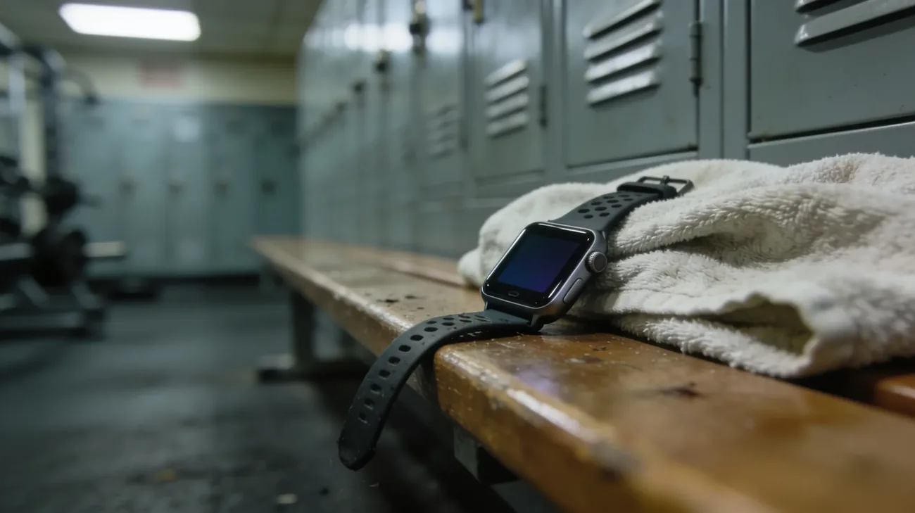 Apple Watch com pulseira esportiva preta virado para baixo sobre um sofá de tecido cinza, luz natural suave entrando pela janela