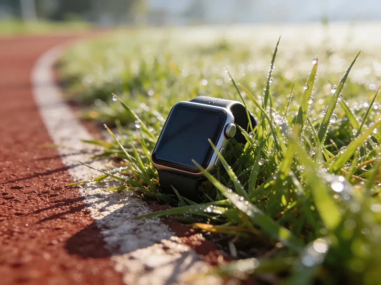 Close de um Apple Watch no pulso de uma pessoa correndo ao ar livre, com parque desfocado ao fundo
