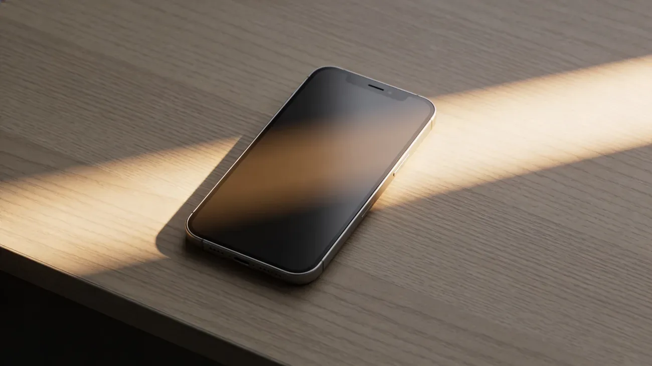 A single smartphone on a wooden desk with a soft beam of light passing through, casting a long shadow