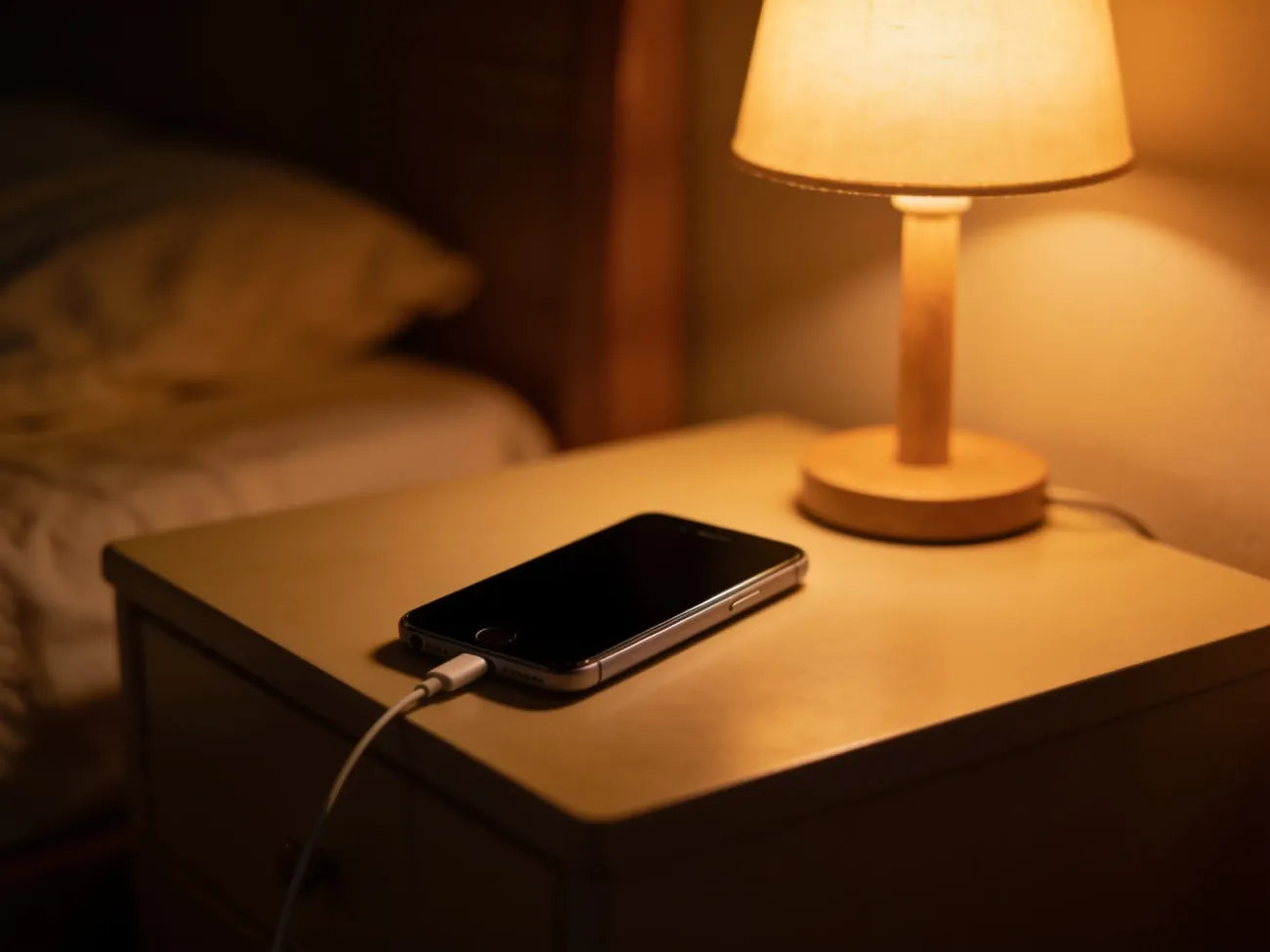 Tmavá silueta smartphonu na krémovém pozadí s jemnými soustřednými kruhy měkkého zeleného světla