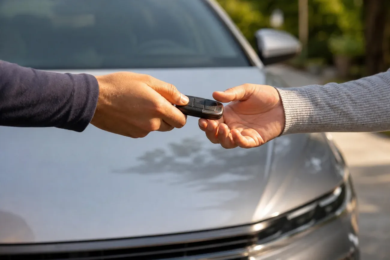 Two people exchanging a car key fob over the hood of a parked car