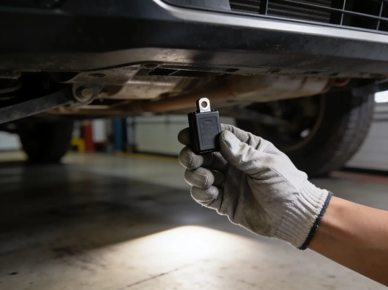 Détecteur RF portable posé sur le capot d'une voiture, à côté d'une lampe torche, en pleine journée