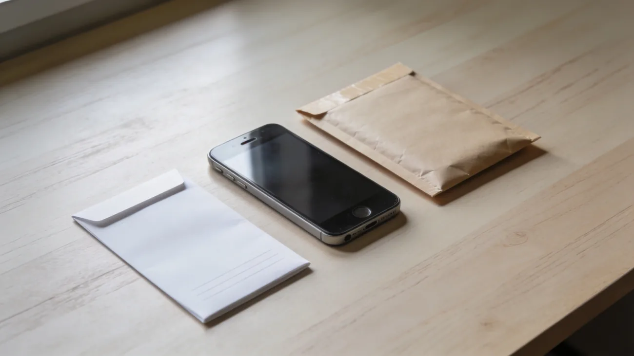 Smartphone face-down on a wooden desk next to a plain shipping envelope, soft daylight, neutral palette
