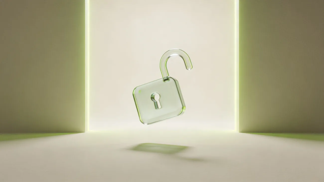 Stylized soft glass padlock with the shackle lifted, gentle warm green glow around the opening, on a cream background