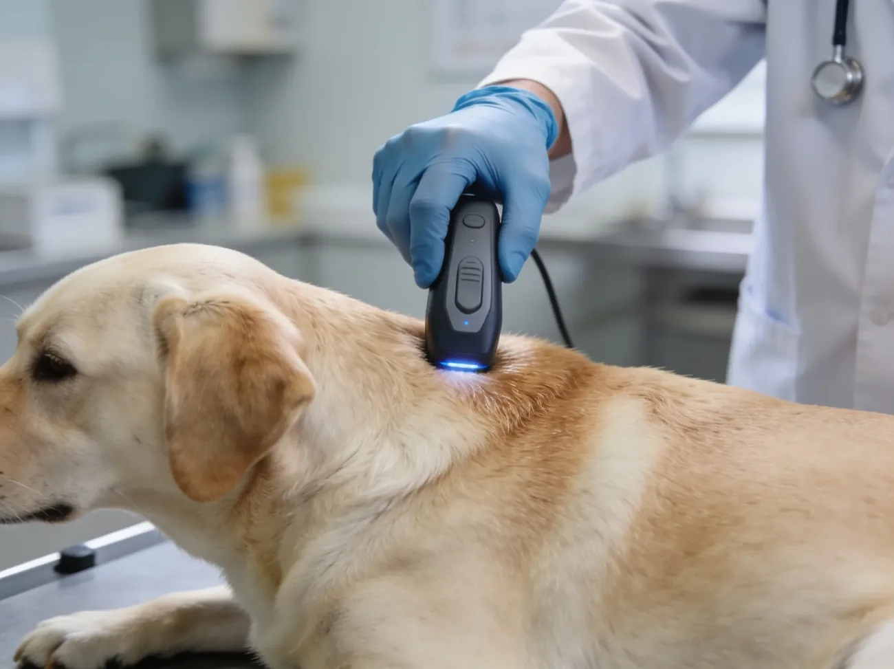 Split comparison photo showing a handheld RFID scanner reading a dog's shoulder blades on the left and a smartphone showing a live GPS map of a dog's location on the right
