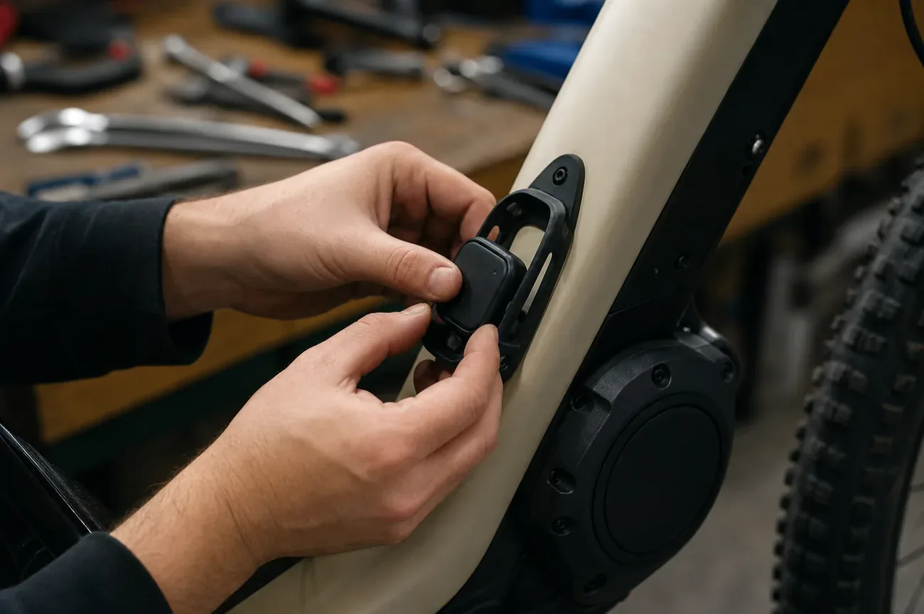 Hände montieren einen kleinen GPS-Tracker in die Flaschenhalter-Halterung am E-Bike-Rahmen