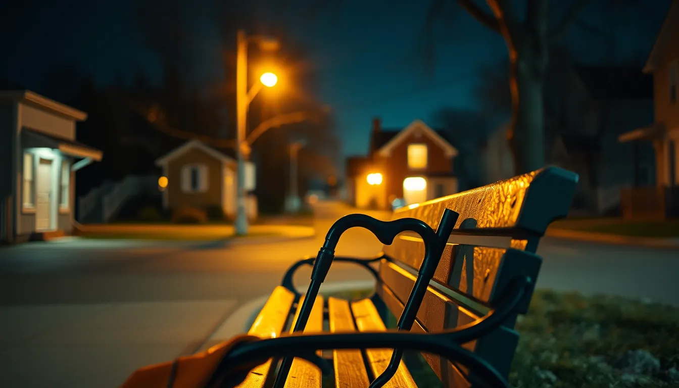 A walking cane resting on a park bench at night under a streetlamp