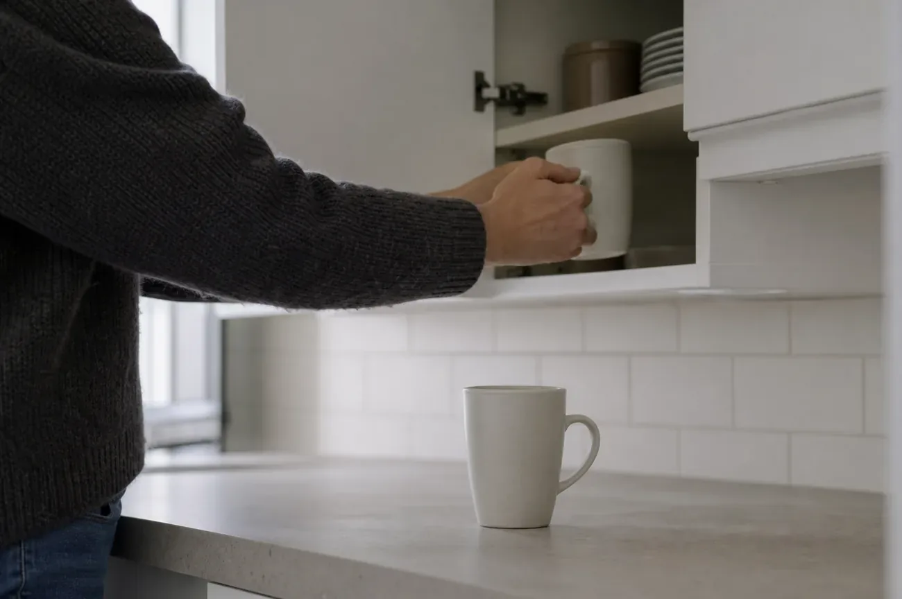 A person's hands adjusting a phone at a kitchen table beside a cup of coffee in soft morning light, calm and unhurried