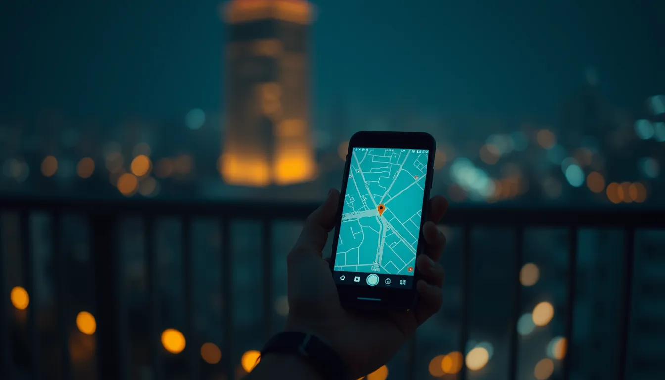 A hand holding a phone with a map screen on a night balcony, city lights behind