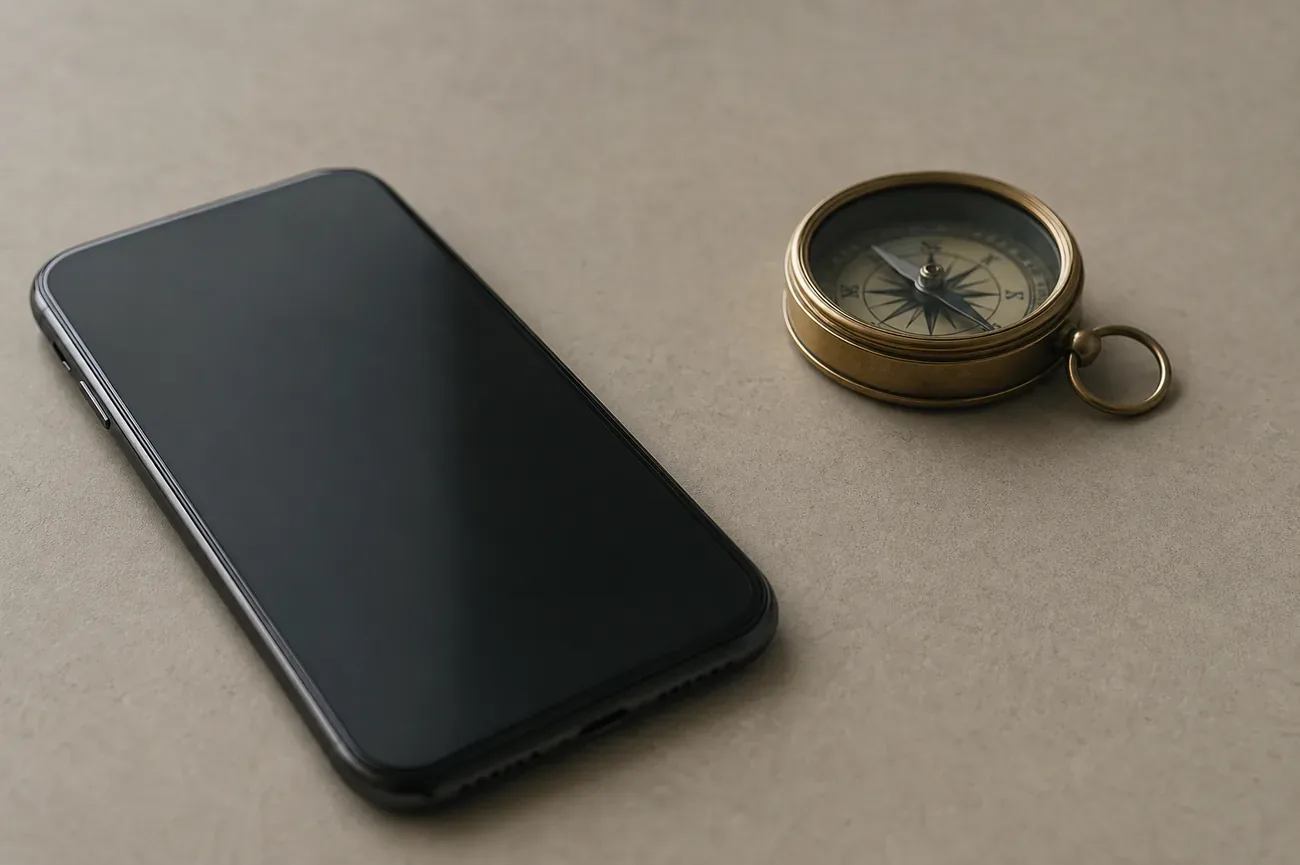 A smartphone map screen showing a location pin next to a compass and satellite icon, on a plain desk