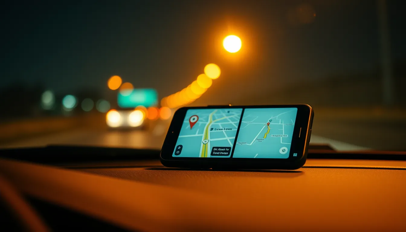 A phone showing a map route on a car dashboard at night with highway lights behind