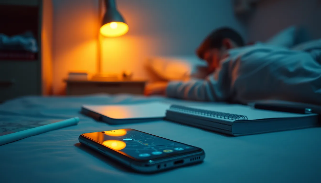 A parent's phone with a map in the foreground and a teenager resting in the background of a dim bedroom