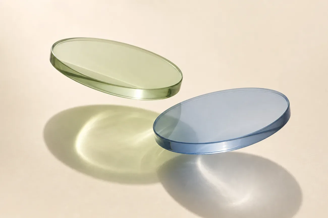 Two translucent glass-like discs floating at different angles, one warm green and one cool blue, representing two separate but overlapping sharing systems