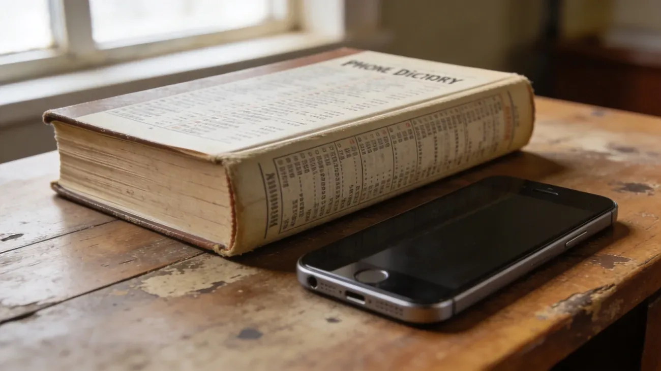 A modern smartphone next to a thick old printed phone directory on a worn wooden desk, soft warm light