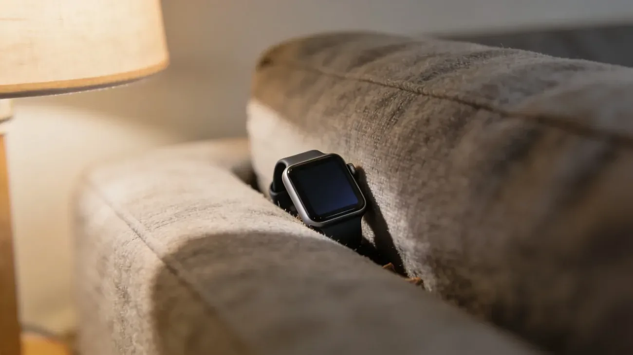 Apple Watch face-down on a wooden floor near a couch, slightly dusty, with ambient warm room light