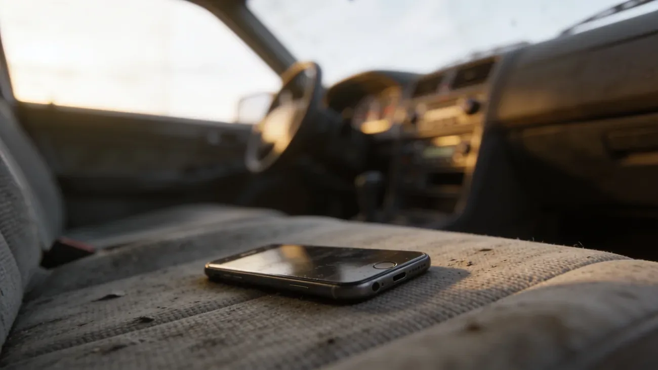 Smartphone face-down on a worn fabric car seat, dashboard out of focus, quiet and lost feel