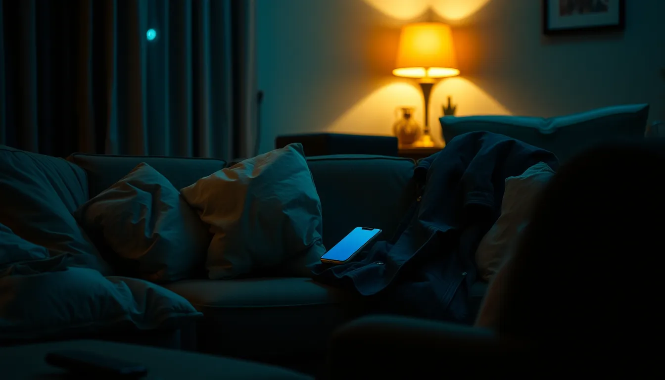 A glowing phone wedged in couch cushions in a dim living room after a party