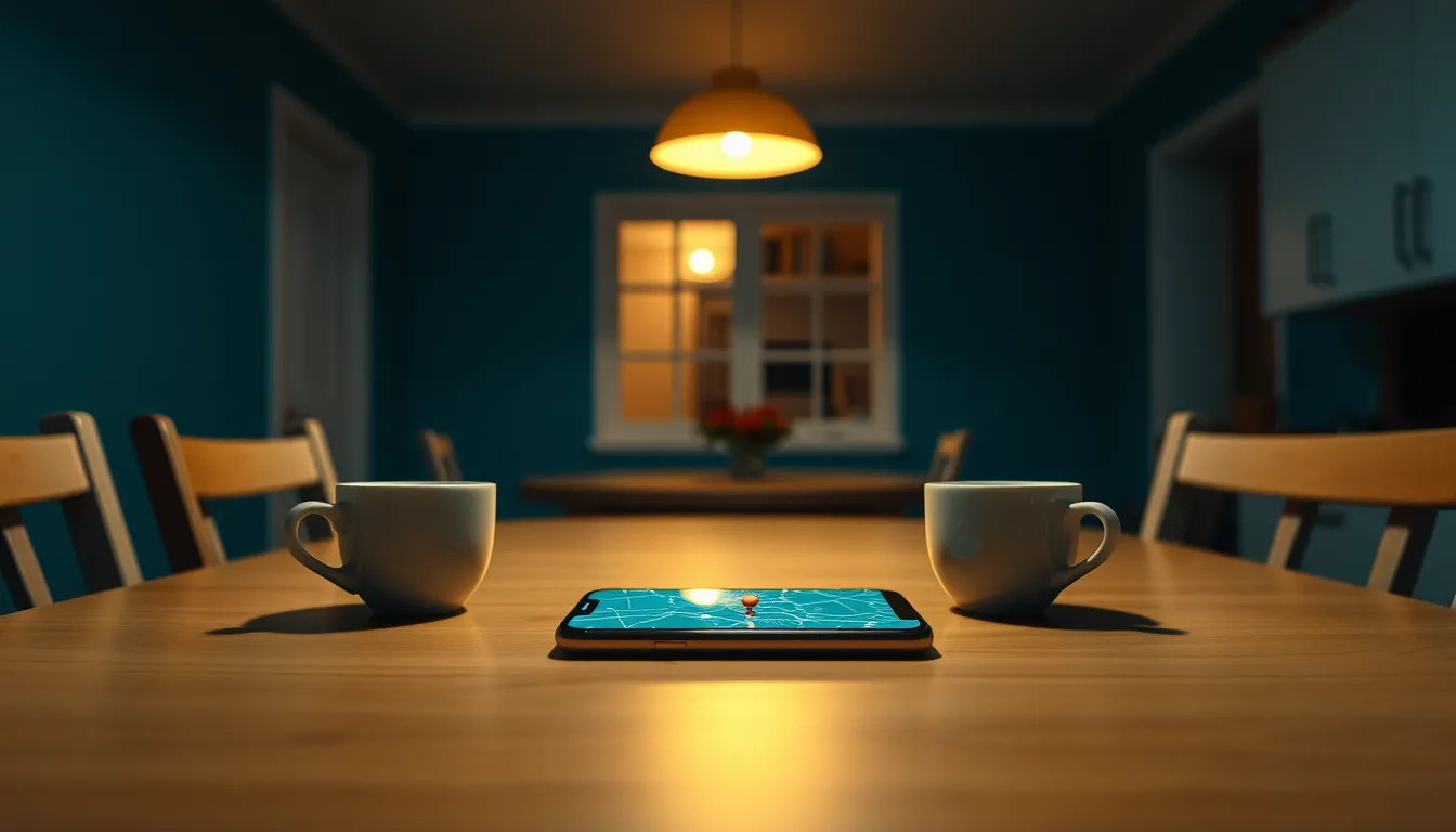 A phone showing a map lying on a kitchen table between two coffee cups at night