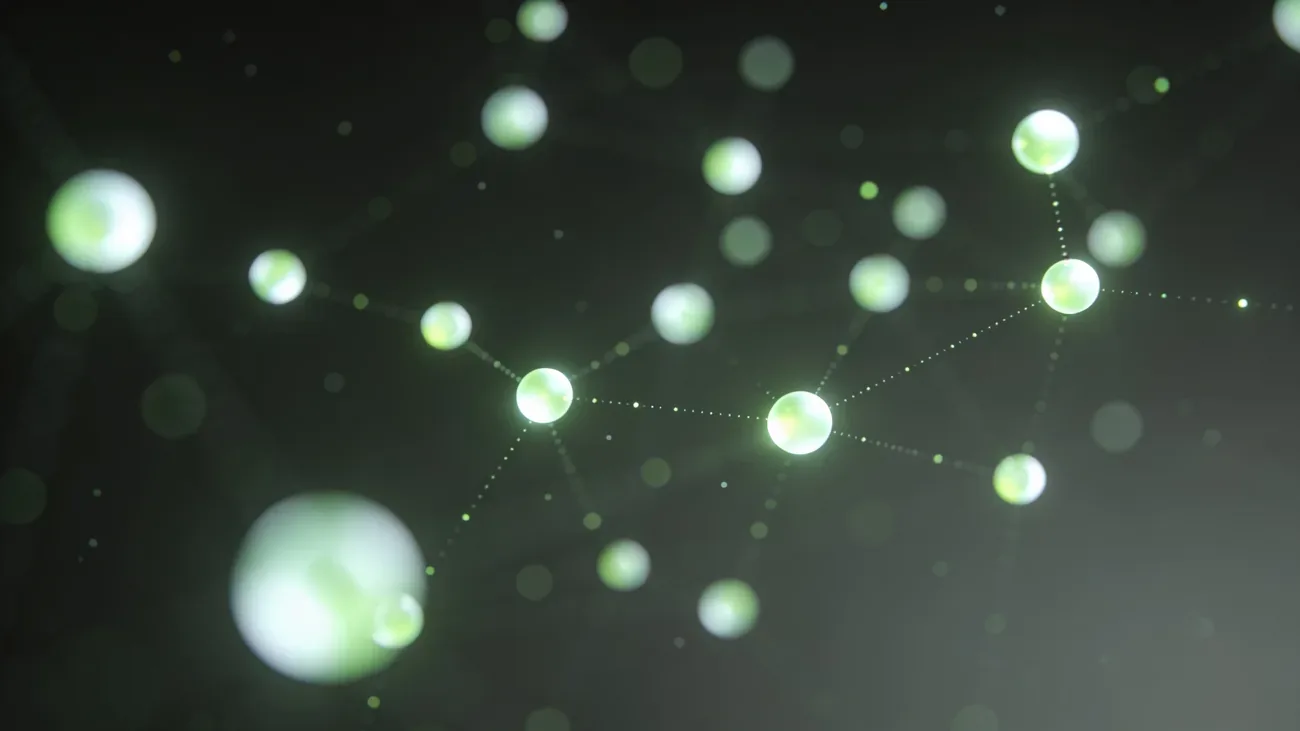 Abstract Bluetooth Low Energy mesh network: glowing nodes connected by faint dotted lines