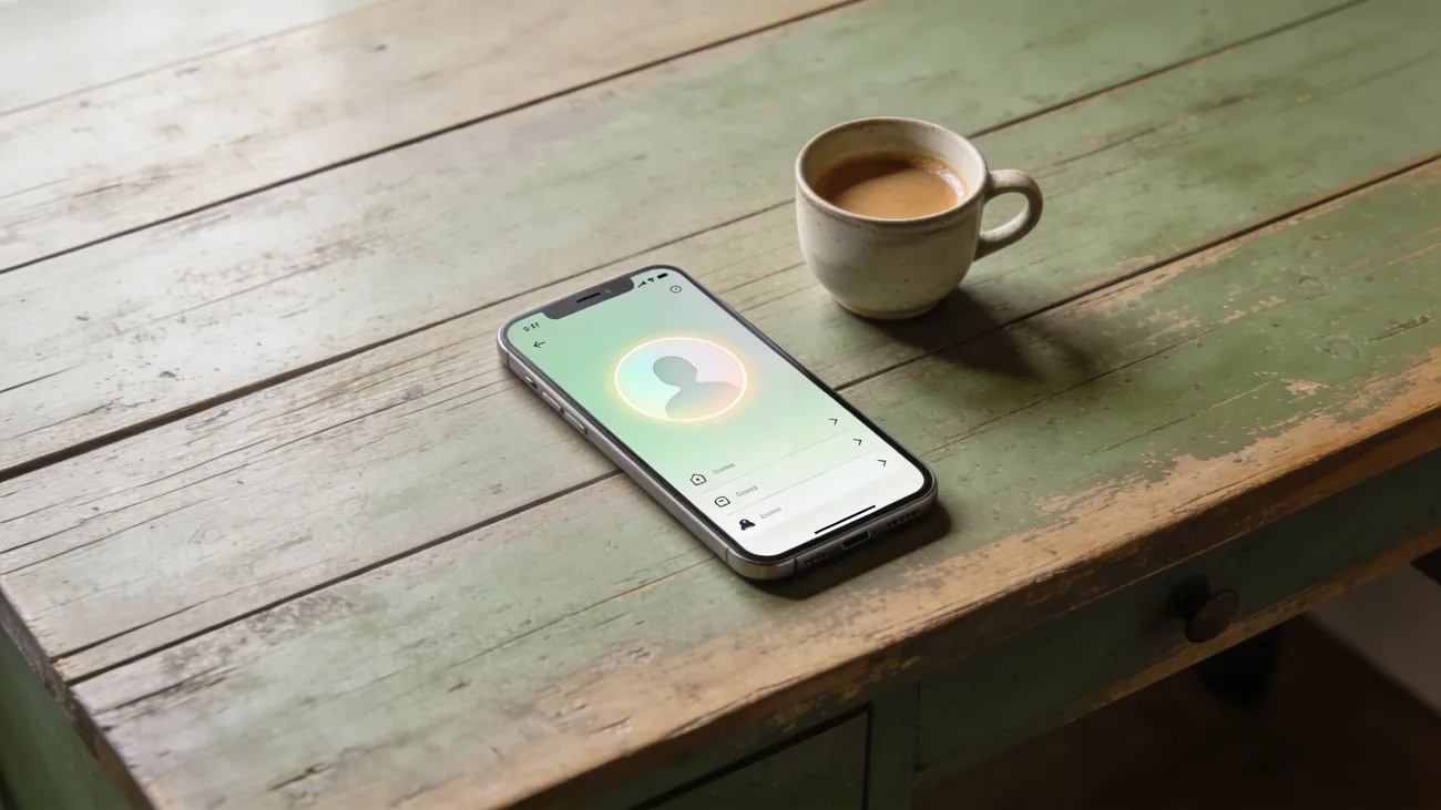 Mãos digitando no celular com tela do Google Maps mostrando ícone de perfil e botão Compartilhamento de localização, mesa de madeira com café ao lado