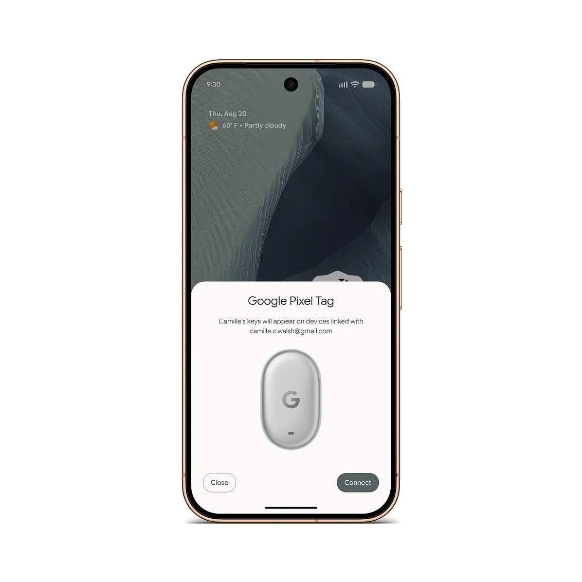 A phone preparing to pair a Pixel Tag through Fast Pair.
