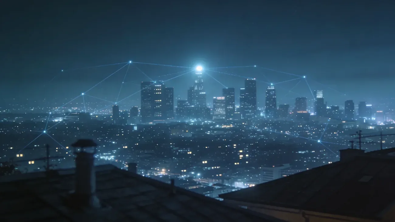 Aerial view of a busy city street at dusk with dozens of people walking, each phone a silent relay point in a dense invisible network