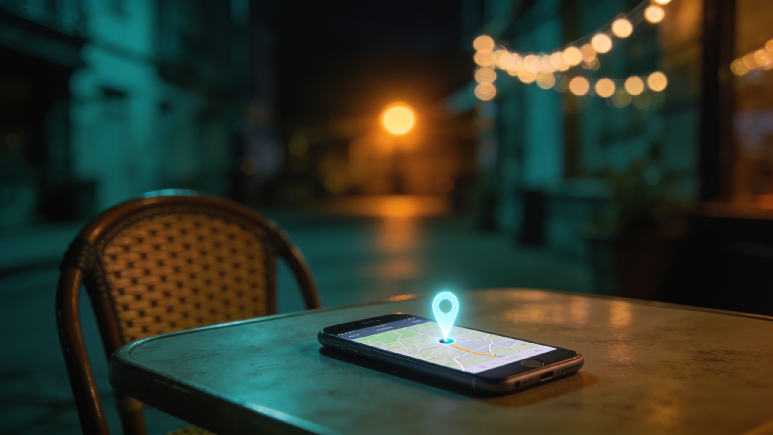 A phone on a night cafe table with a glowing map pin on screen