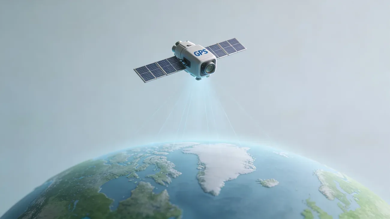 Stylized GPS satellite floating above a soft earth curvature with faint connection lines