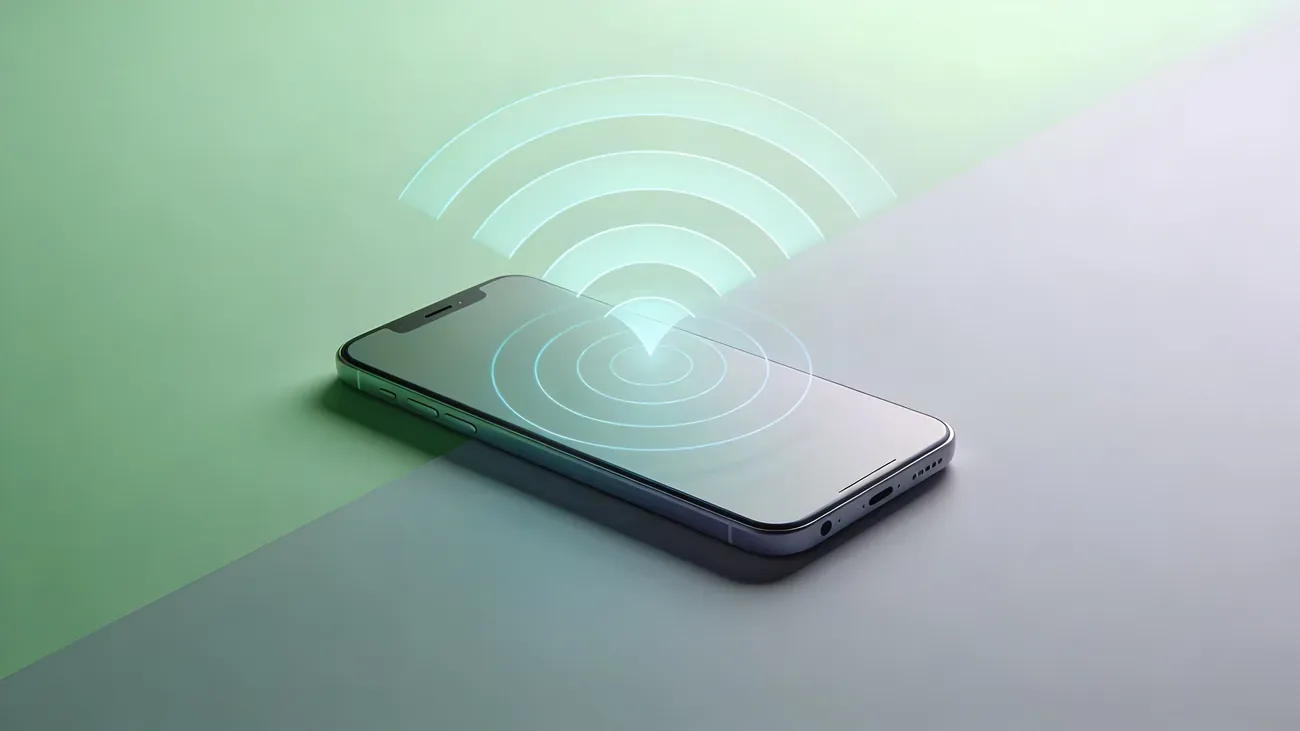Abstract concentric radio waves emanating from a smartphone, soft green and grey gradients