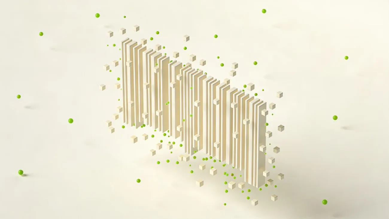 Motif de code-barres abstrait se dissolvant en points flottants sur fond crème, style minimaliste