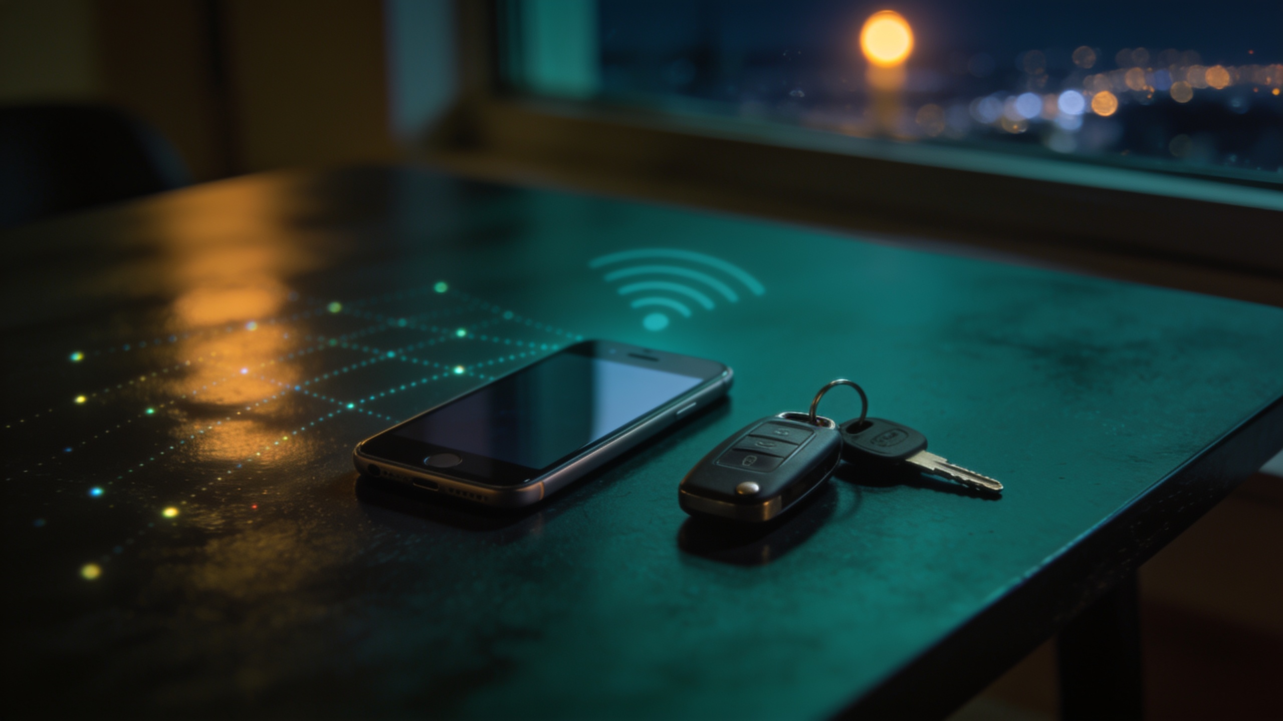 A smartphone and car key on a dark table with reflected network lights