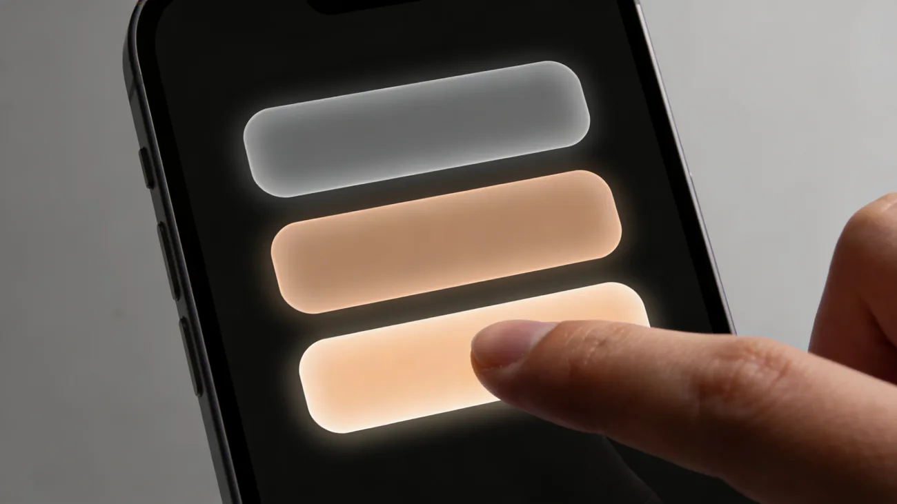 iPhone em close mostrando opções de duração de compartilhamento de localização dentro de conversa, com três botões empilhados em interface limpa, mão tocando uma opção