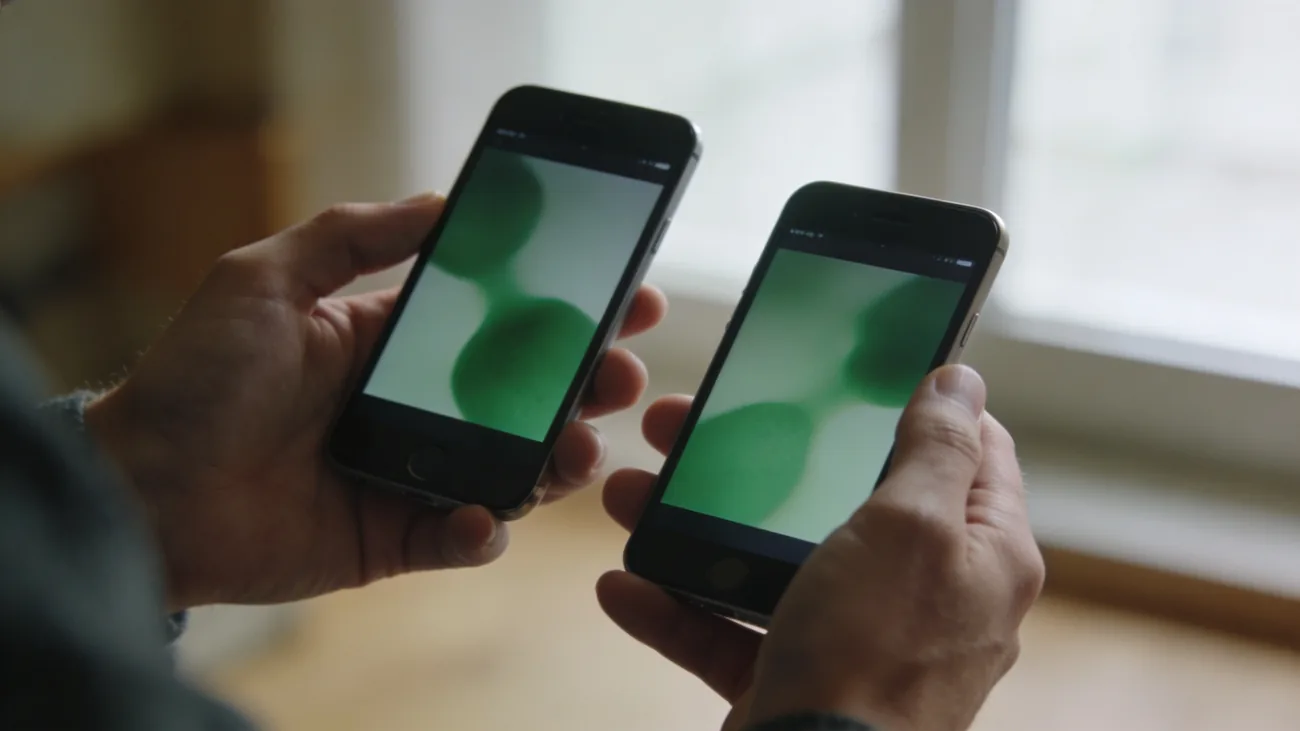 Mãos de duas pessoas tocando seus respectivos celulares simultaneamente em uma mesa de jantar, um iPhone e um Android, ambos com tela acesa em foco suave