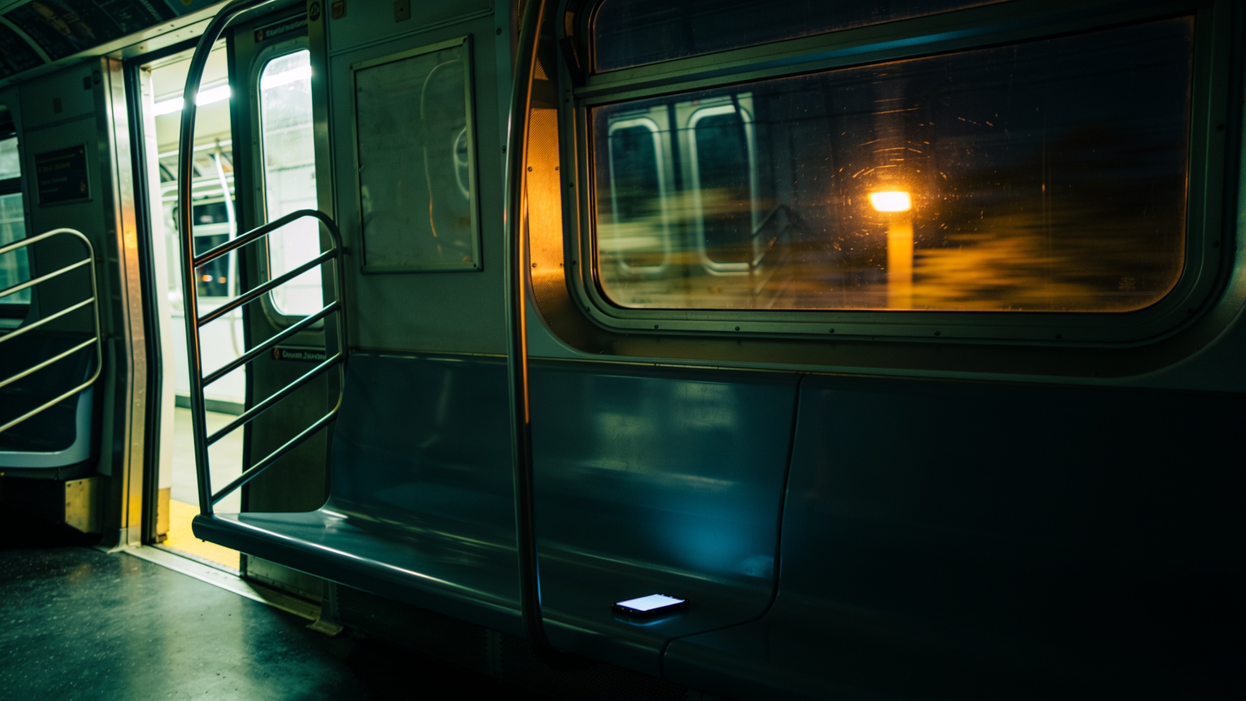 An empty night metro interior with a single phone on a seat and open doors