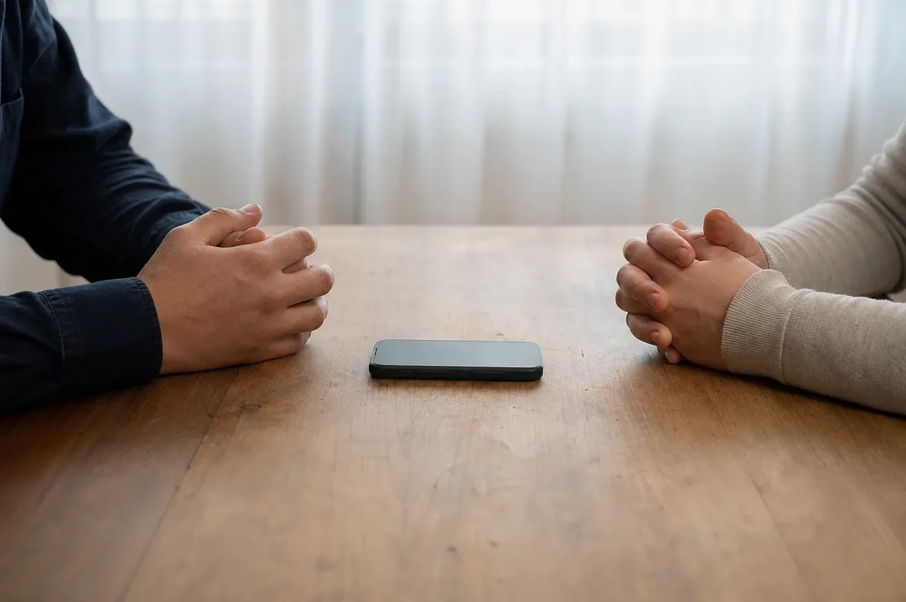 Two smartphones face down on a table next to car keys, a quiet still life suggesting a domestic dispute over privacy