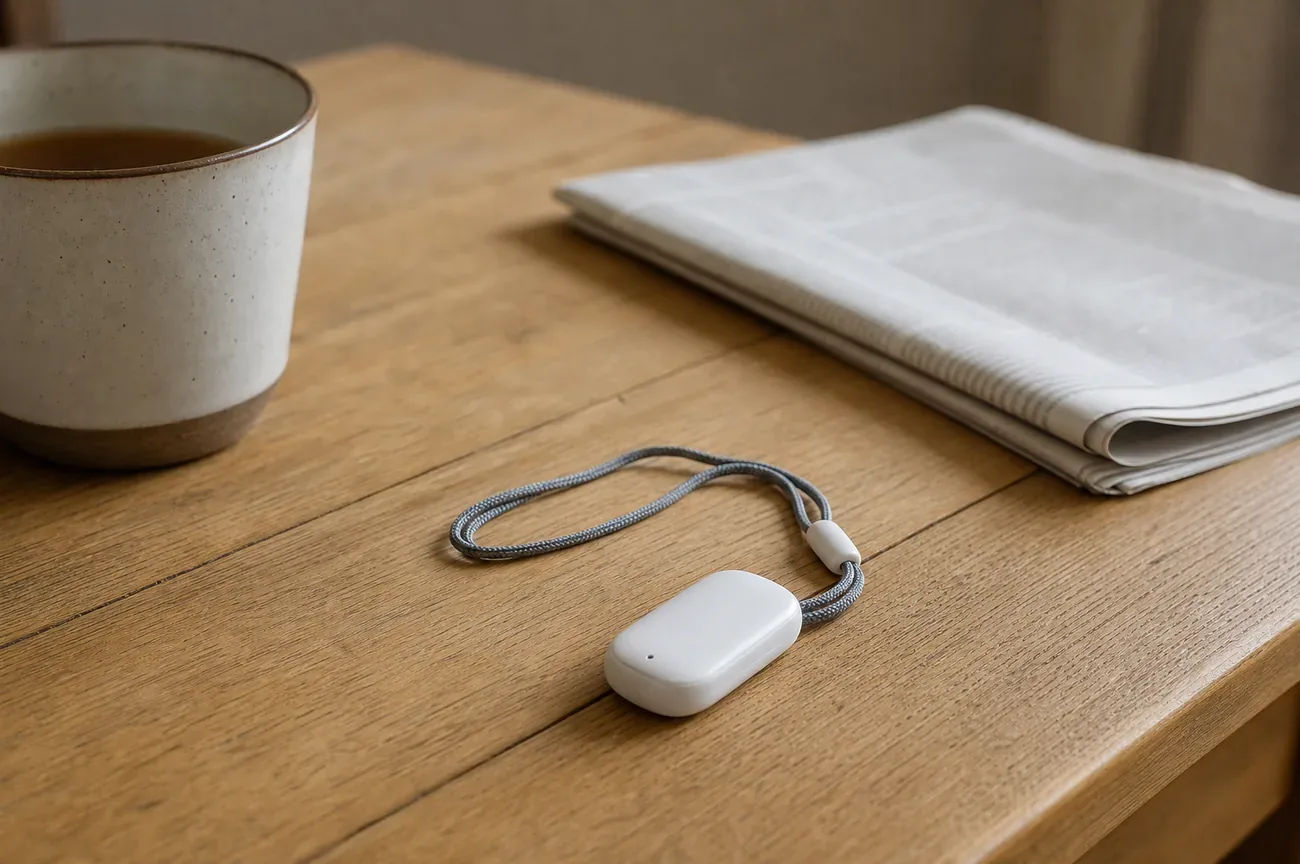Colgante GPS blanco sobre una mesa de cocina junto a un periódico y una taza de té