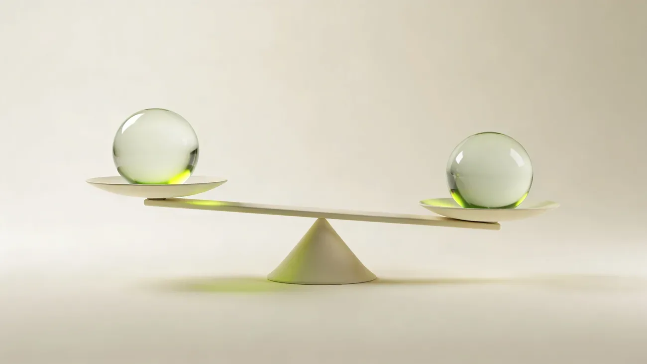 Abstract minimalist balance scale with two identical glass orbs, perfectly balanced, symbolizing equilibrium