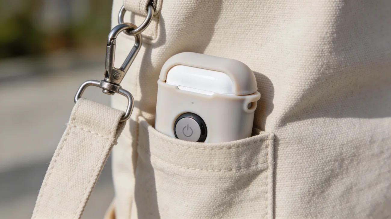 AirTag in einer Silikonhülle, befestigt an einem AirPods Case